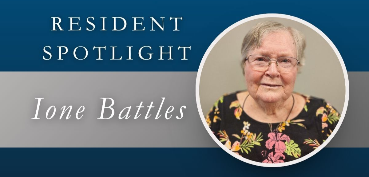 Resident Spotlight: Ione Battles, woman with glasses in a circular frame. Text reads 