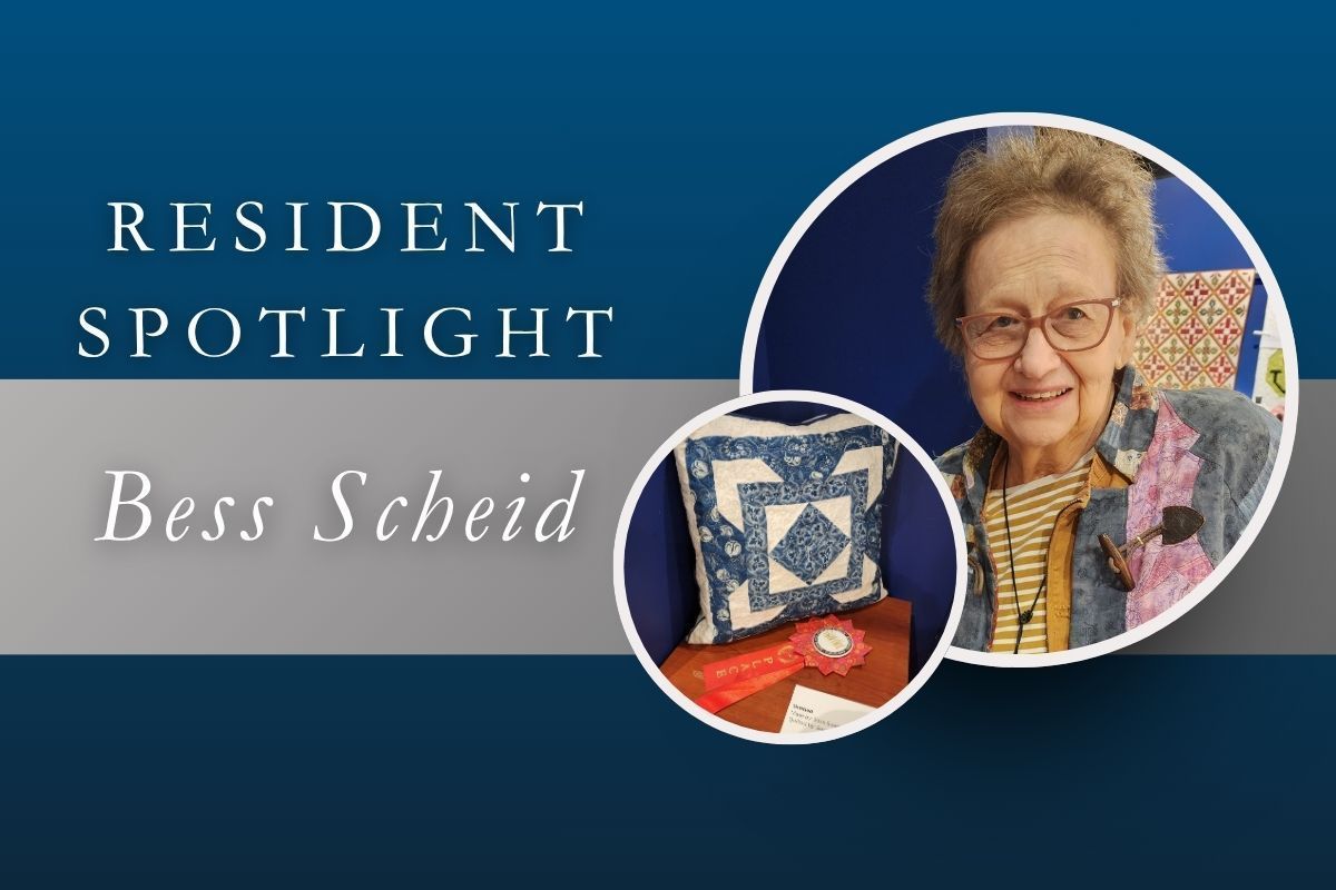 Resident Spotlight graphic featuring Best Scheid and a decorative quilt square on a blue background