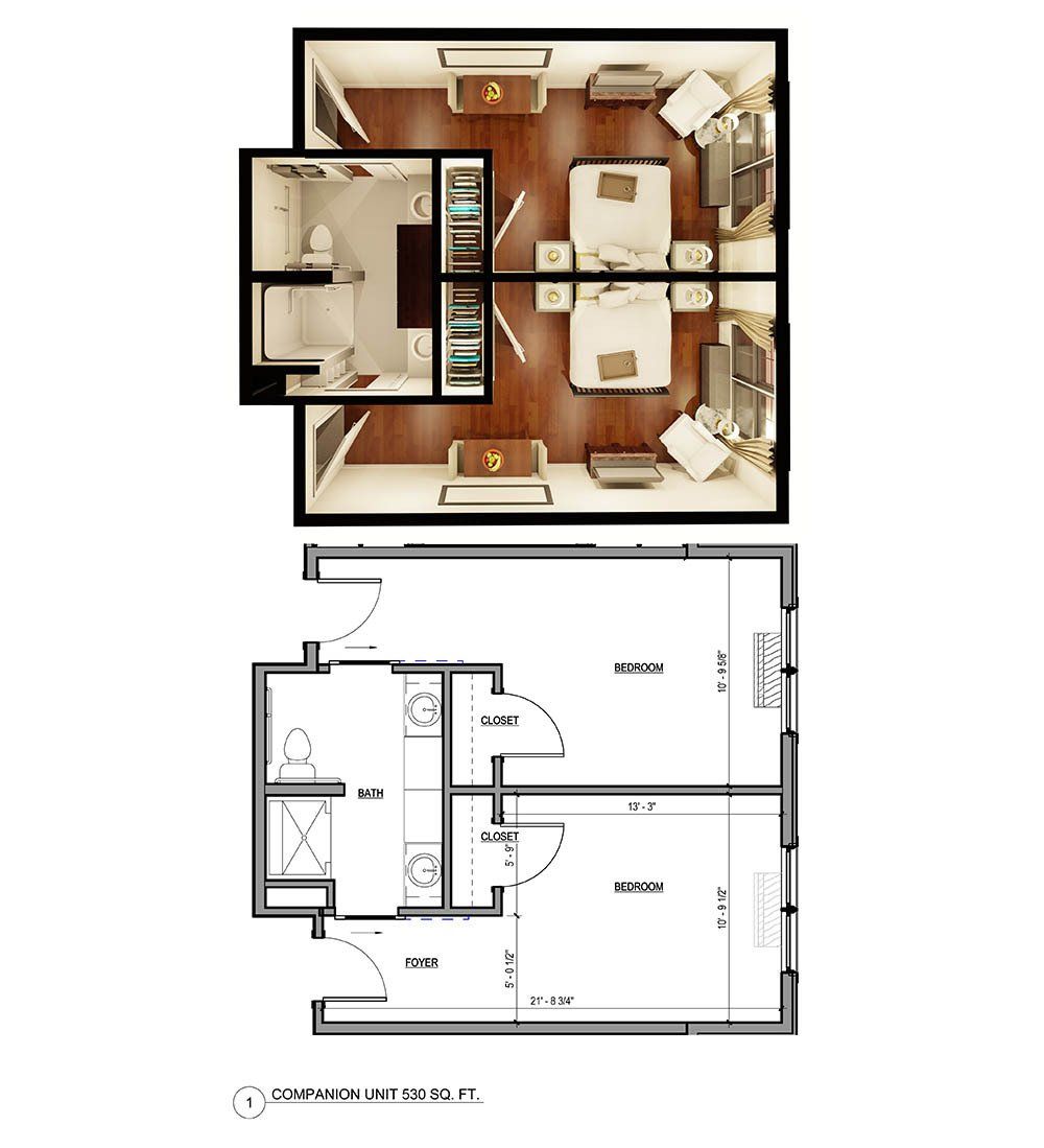 Floor plans of a two-bedroom apartment, with top view of furnishings and bottom view of layout.