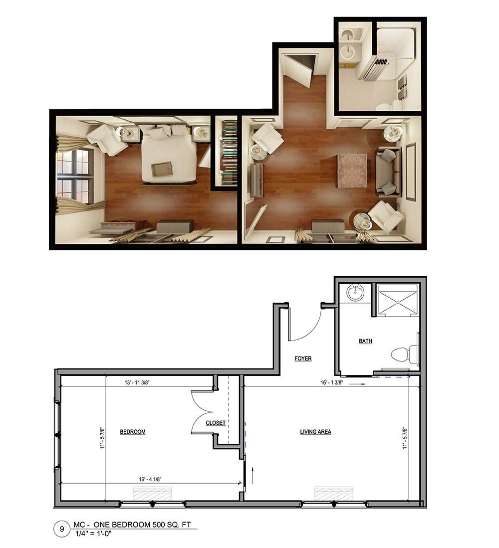 Top-down view of a furnished apartment and a corresponding floor plan. Bedroom, living room, and bathroom are visible.
