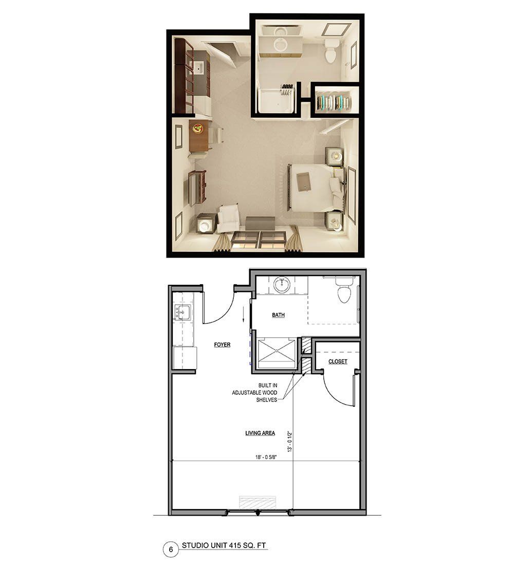 Top: Furnished studio apartment floor plan. Bottom: Architectural floor plan.