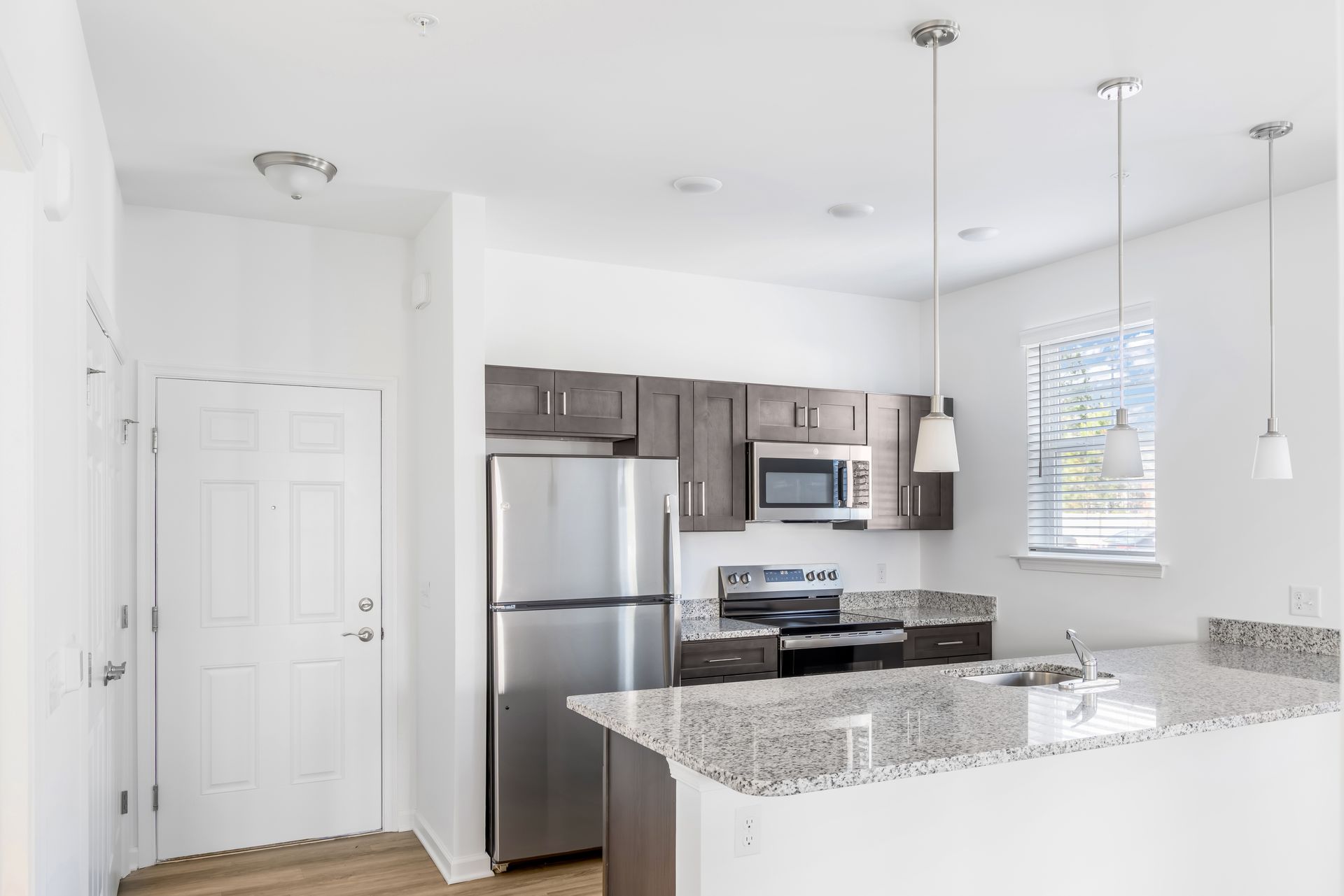 Kitchen with stainless steel appliances, dark cabinets, granite countertops, and pendant lights.