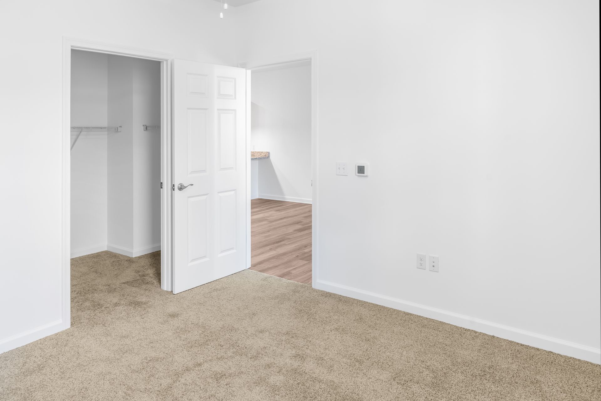 Empty bedroom with a walk-in closet and doorway to a hallway with a wooden floor.