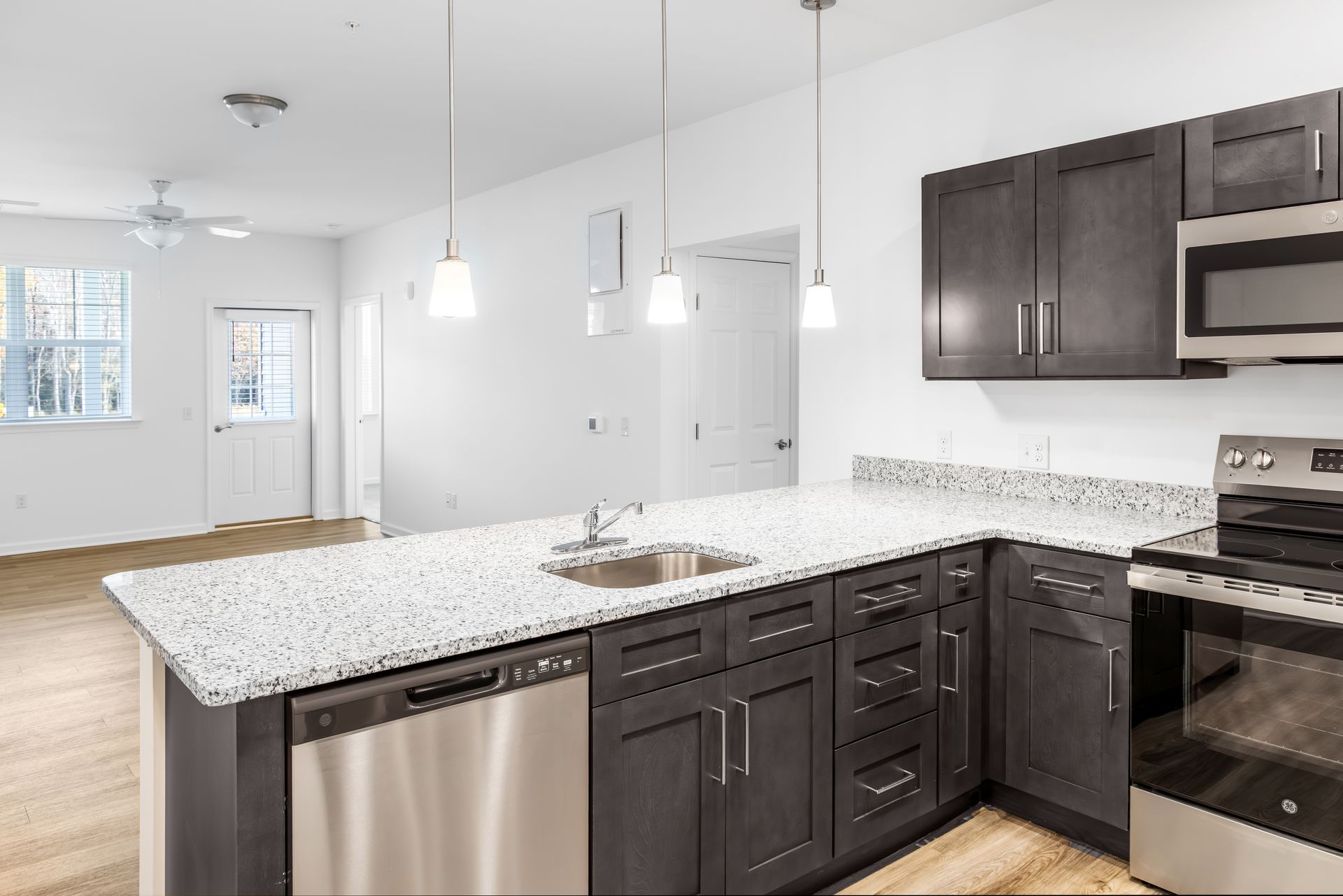Modern kitchen with dark cabinets, stainless steel appliances, and a granite countertop.
