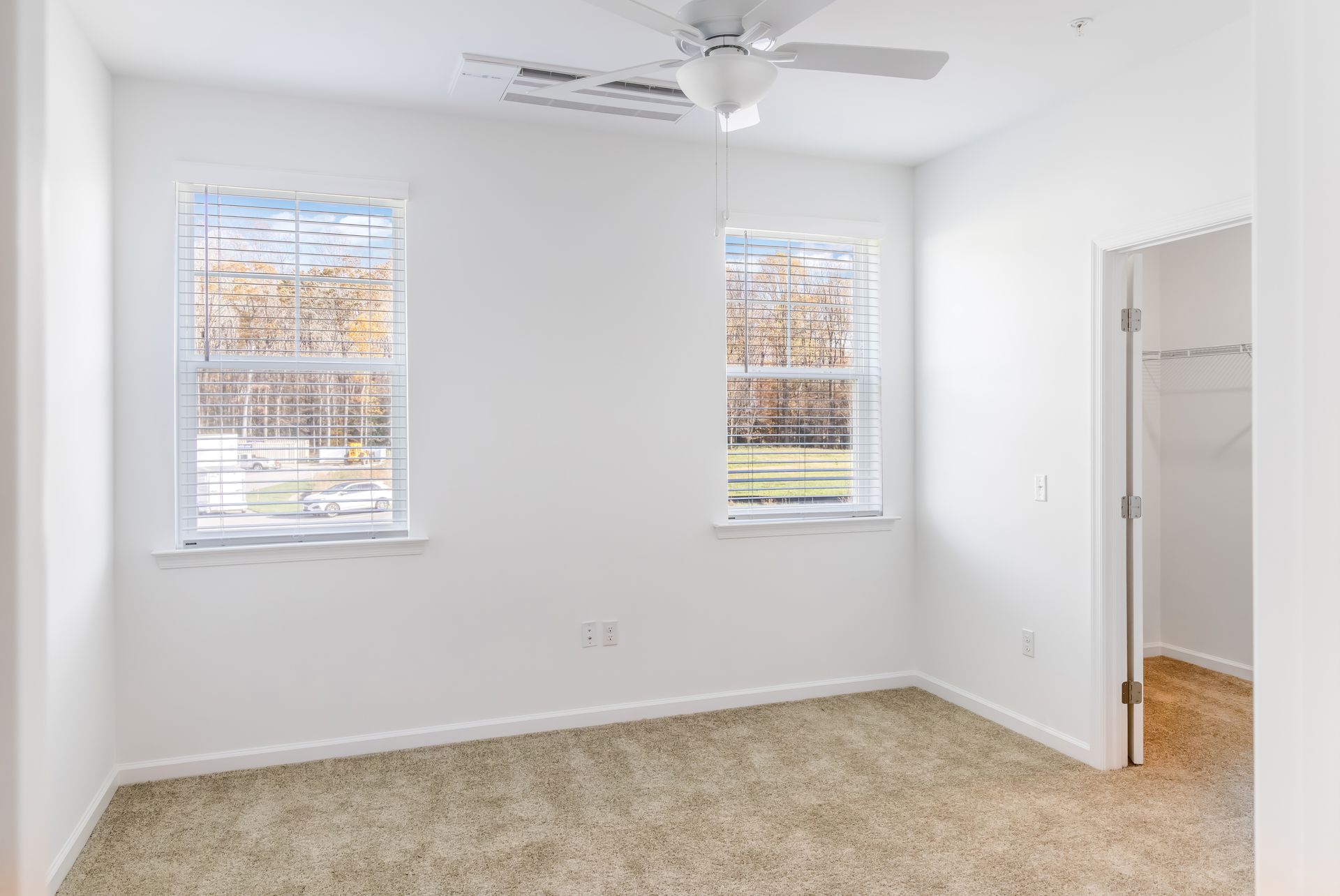 Empty room with two windows, a ceiling fan, and a closet. Beige carpet and white walls.