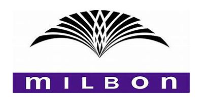 Milbon logo: Black and white abstract design above a purple rectangle with the word "milbon" in white.