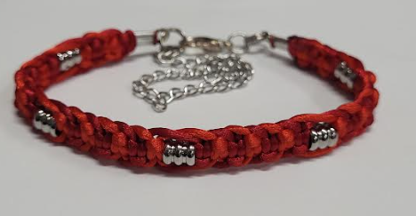 RED on RED Macrame Bracelet/Anklet fits from 6.5 to 10 inches, durable 316 stainless steel accents.