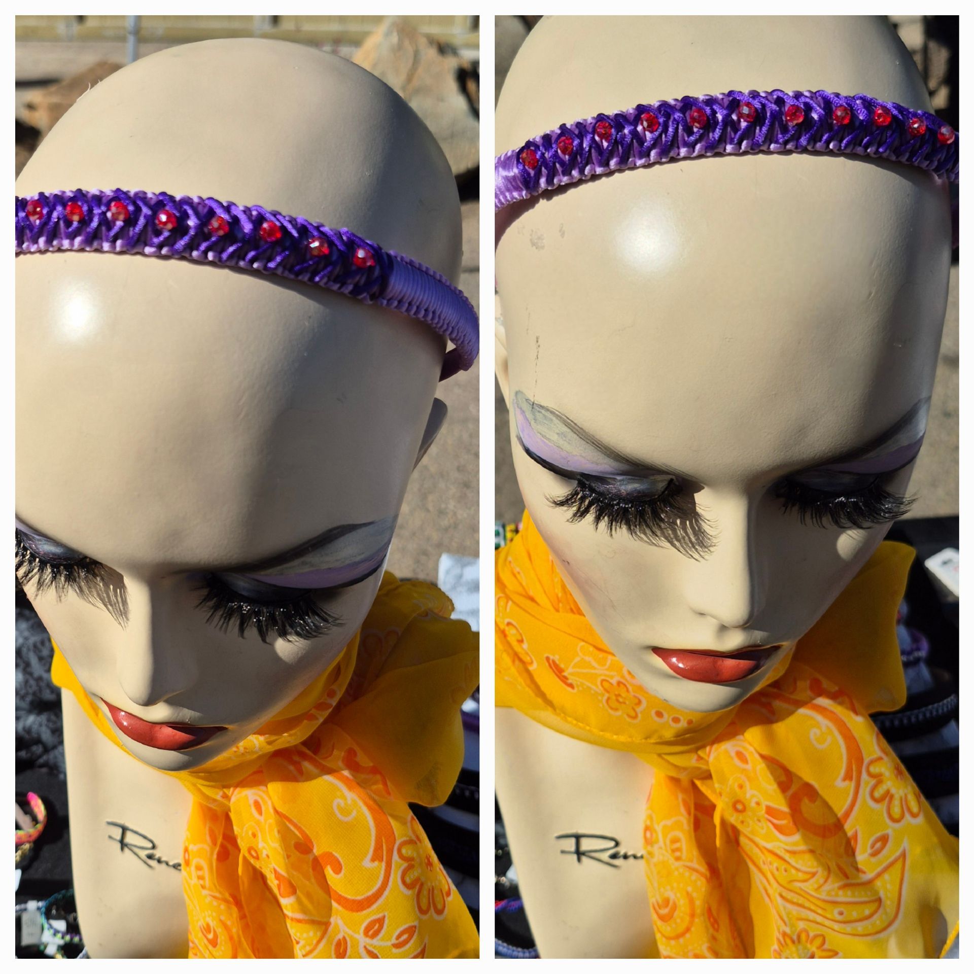 Purple Macrame with Red Glass Beads on a 0.4 inch width Satin Covered Headband
