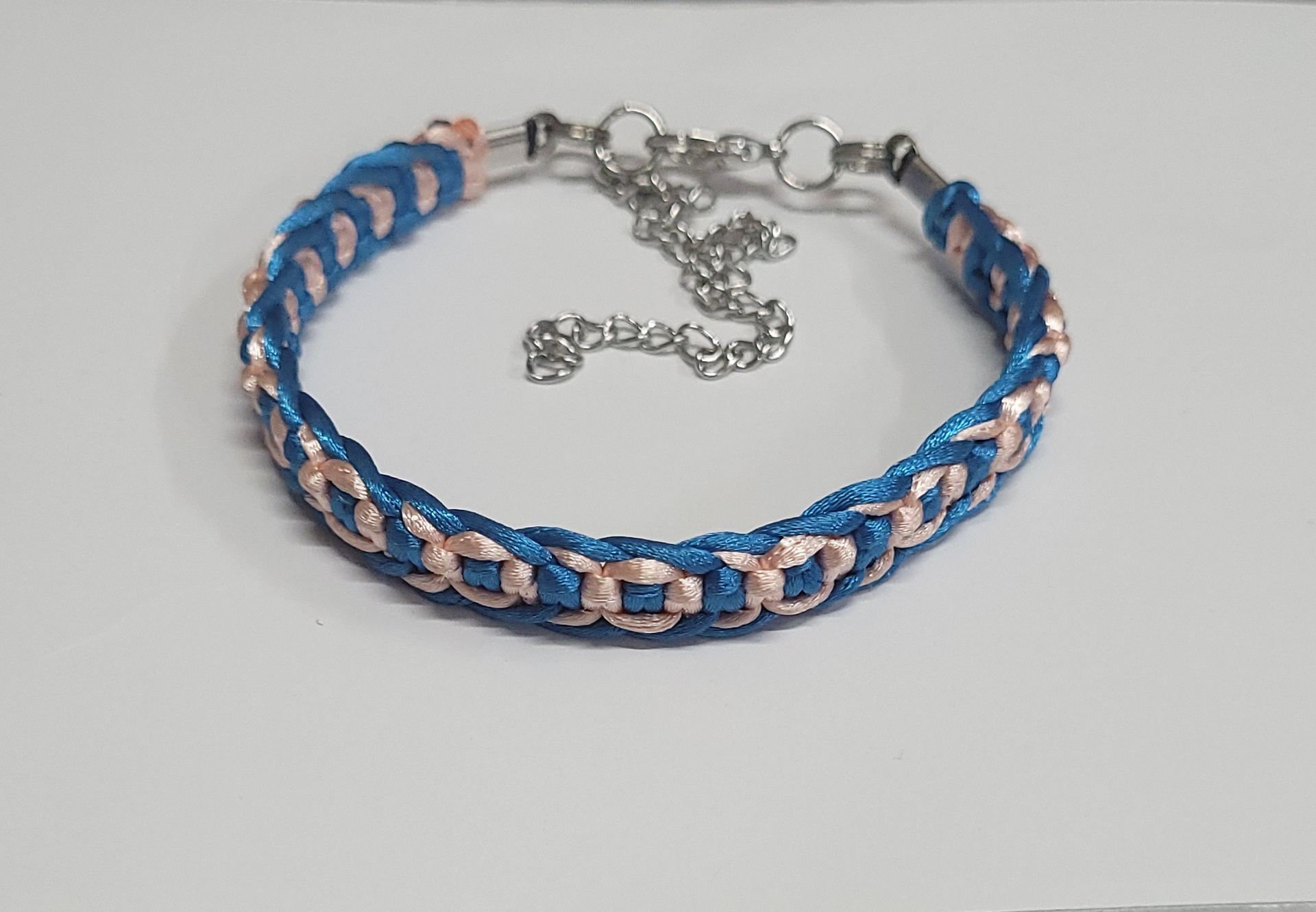Baby Blue & Pink Macrame Bracelet/Anklet fits from 6.5 to 10 inches, durable 316 stainless steel accents.