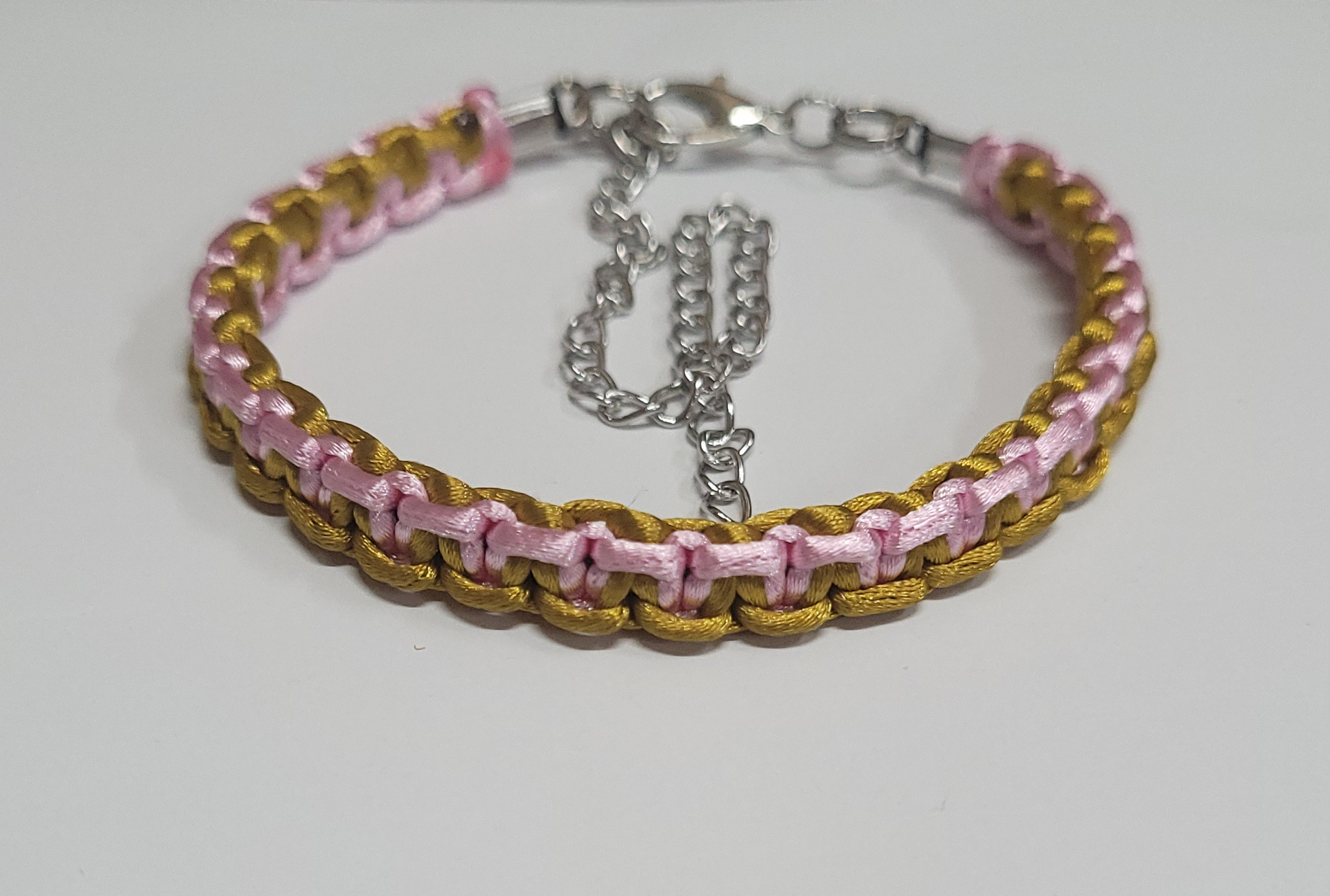 Gold and Pink Macrame Bracelet/Anklet fits from 6.5 to 10 inches, durable 316 stainless steel accents.