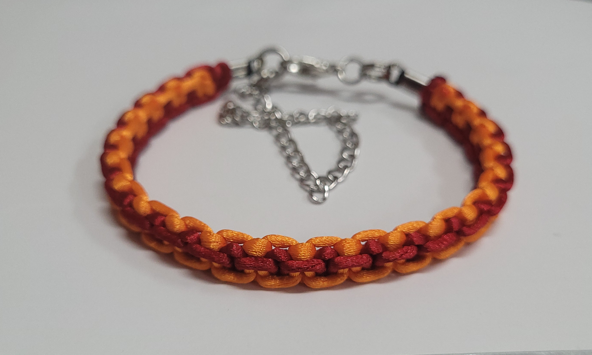 Red & Orange Macrame Bracelet/Anklet fits from 6.5 to 10 inches, durable 316 stainless steel accents.