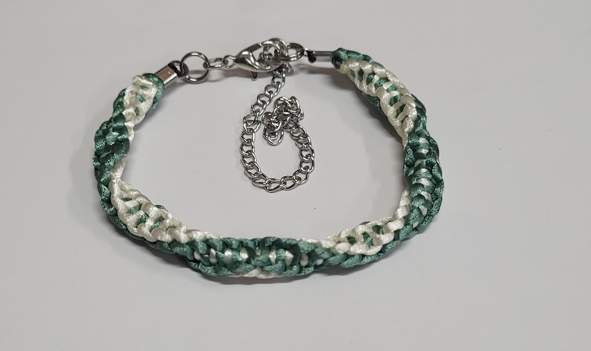 Green & Cream Half Twisted Macrame Bracelet/Anklet fits from 6.5 to 10 inches, durable 316 stainless steel accents.
