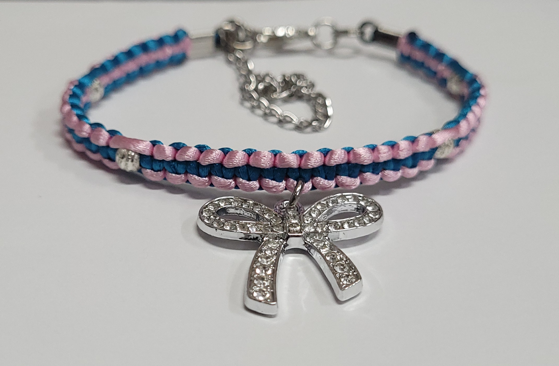 Pink & Teal Blue Macrame Bracelet/Anklet featuring a Silver Bow, fits from 6.5 to 10 inches, durable 316 stainless steel accents.