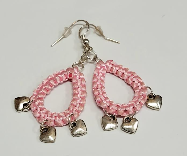 Pink with silver hearts Macrame Earrings with Hypoallergenic 925 Silver Earring Hooks