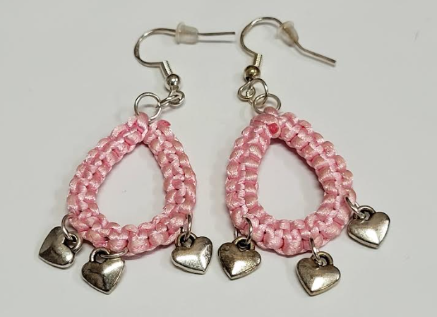 Pink with silver hearts Macrame Earrings with Hypoallergenic 925 Silver Earring Hooks