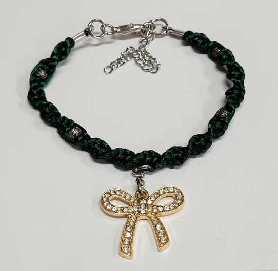 Green Twisted Macrame Bracelet/Anklet featuring a Gold Bow, fits from 6.5 to 10 inches, durable 316 stainless steel accents.