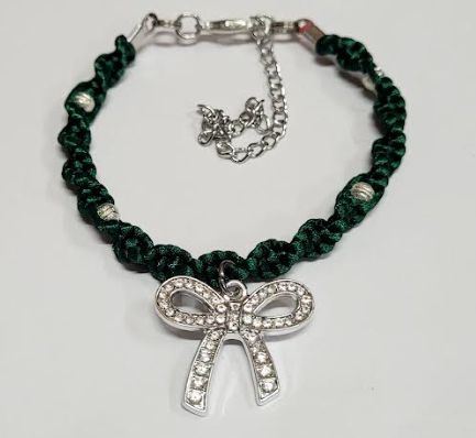 Green Twisted Macrame Bracelet/Anklet featuring a Silver Bow, fits from 6.5 to 10 inches, durable 316 stainless steel accents.