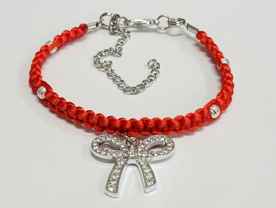 Red Macrame Bracelet/Anklet featuring a Silver Bow, fits from 6.5 to 10 inches, durable 316 stainless steel accents.
