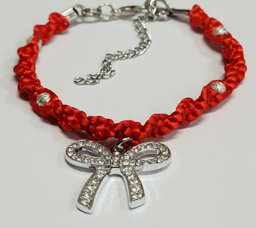 Red Twisted Macrame Bracelet/Anklet featuring a Silver Bow, fits from 6.5 to 10 inches, durable 316 stainless steel accents.