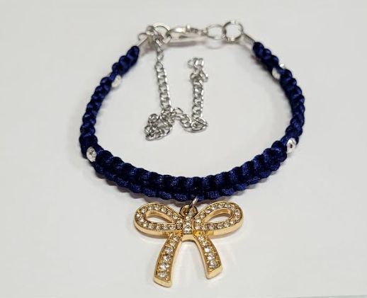 Dark Blue Macrame Bracelet/Anklet featuring a Gold Bow, fits from 6.5 to 10 inches, durable 316 stainless steel accents.