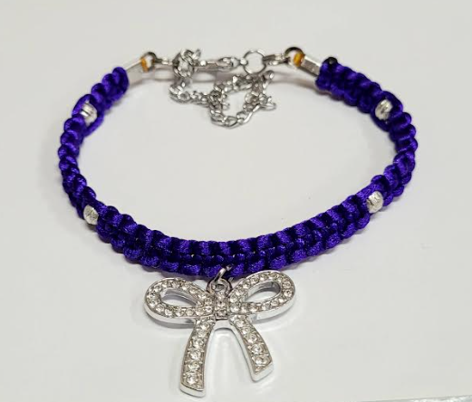 Purple Macrame Bracelet/Anklet featuring a Silver Bow, fits from 6.5 to 10 inches, durable 316 stainless steel accents.