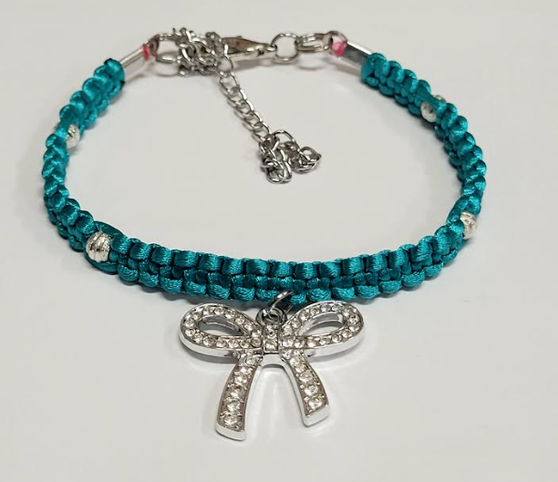 Teal Macrame Bracelet/Anklet featuring a Silver Bow, fits from 6.5 to 10 inches, durable 316 stainless steel accents.