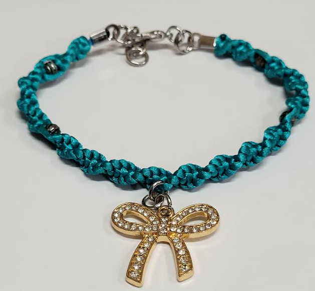 Teal Twisted Macrame Bracelet/Anklet featuring a Gold Bow, fits from 6.5 to 10 inches, durable 316 stainless steel accents.