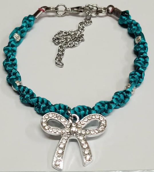 Teal Twisted Macrame Bracelet/Anklet featuring a Silver Bow, fits from 6.5 to 10 inches, durable 316 stainless steel accents.
