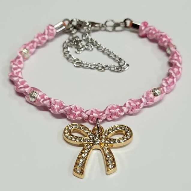 Pink Twisted Macrame Bracelet/Anklet featuring a Gold Bow, fits from 6.5 to 10 inches, durable 316 stainless steel accents.