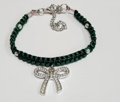 Green Macrame Bracelet/Anklet featuring a Silver Bow, fits from 6.5 to 10 inches, durable 316 stainless steel accents.