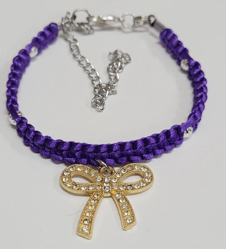 Purple Macrame Bracelet/Anklet featuring a Gold Bow, fits from 6.5 to 10 inches, durable 316 stainless steel accents.