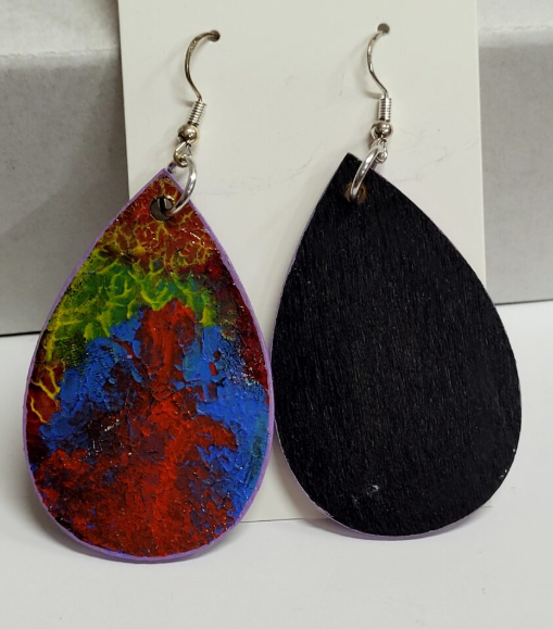 L16. One of a kind hand painted, gloss sealed teardrop earrings on high quality natural wood, with Hypoallergenic 925 Silver Earring Hooks