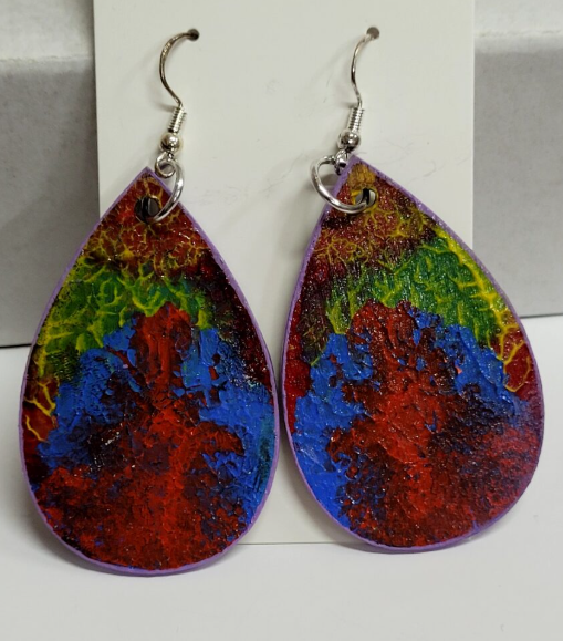 L16. One of a kind hand painted, gloss sealed teardrop earrings on high quality natural wood, with Hypoallergenic 925 Silver Earring Hooks
