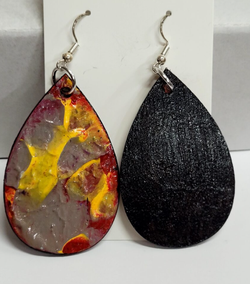 L18. One of a kind hand painted, gloss sealed teardrop earrings on high quality natural wood, with Hypoallergenic 925 Silver Earring Hooks