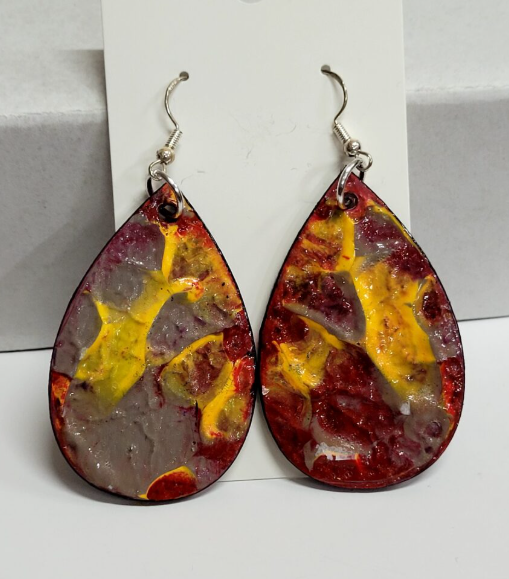 L18. One of a kind hand painted, gloss sealed teardrop earrings on high quality natural wood, with Hypoallergenic 925 Silver Earring Hooks
