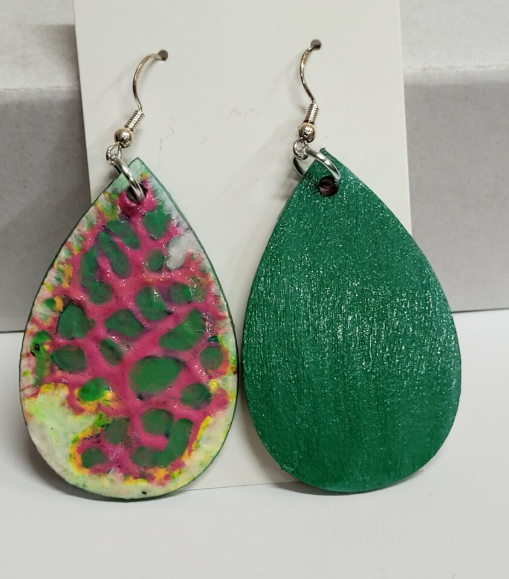 L19. One of a kind hand painted, gloss sealed teardrop earrings on high quality natural wood, with Hypoallergenic 925 Silver Earring Hooks