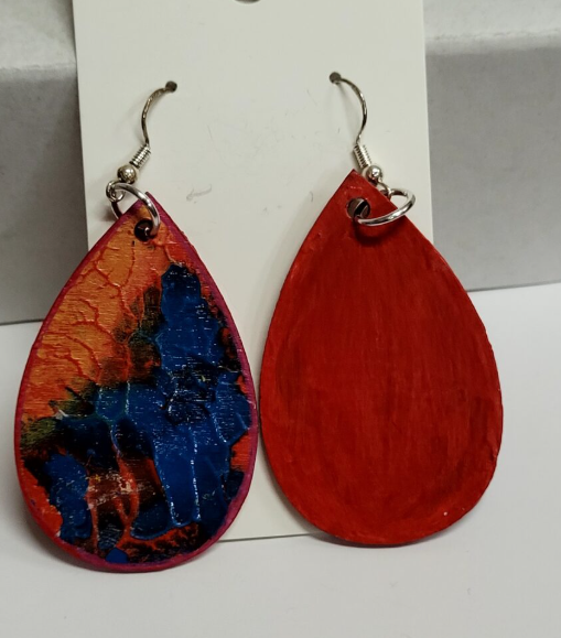 L20. One of a kind hand painted, gloss sealed teardrop earrings on high quality natural wood, with Hypoallergenic 925 Silver Earring Hooks