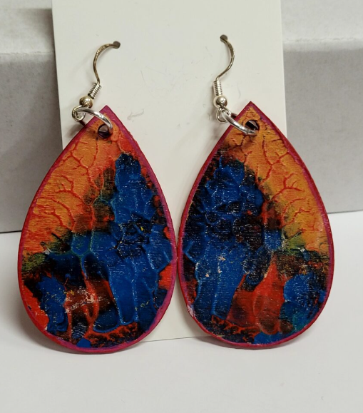 L20. One of a kind hand painted, gloss sealed teardrop earrings on high quality natural wood, with Hypoallergenic 925 Silver Earring Hooks