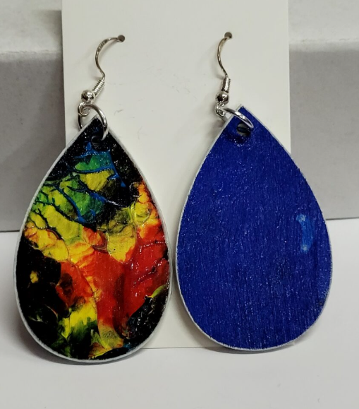 L15. One of a kind hand painted, gloss sealed teardrop earrings on high quality natural wood, with Hypoallergenic 925 Silver Earring Hooks