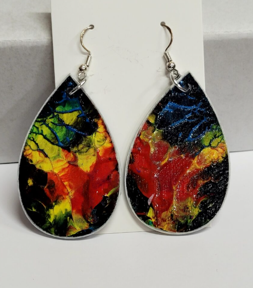 L15. One of a kind hand painted, gloss sealed teardrop earrings on high quality natural wood, with Hypoallergenic 925 Silver Earring Hooks