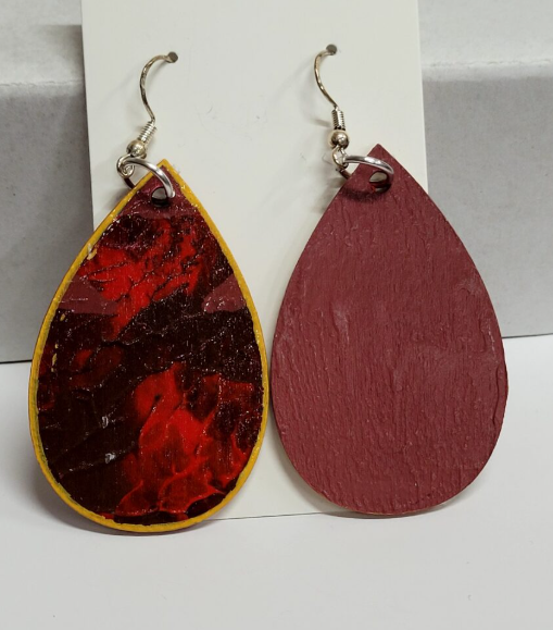 L14. One of a kind hand painted, gloss sealed teardrop earrings on high quality natural wood, with Hypoallergenic 925 Silver Earring Hooks