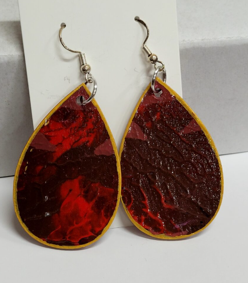 L14. One of a kind hand painted, gloss sealed teardrop earrings on high quality natural wood, with Hypoallergenic 925 Silver Earring Hooks