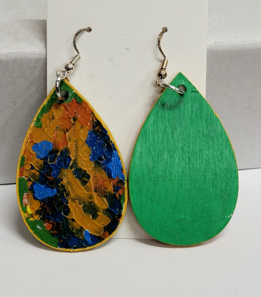 L13. One of a kind hand painted, gloss sealed teardrop earrings on high quality natural wood, with Hypoallergenic 925 Silver Earring Hooks
