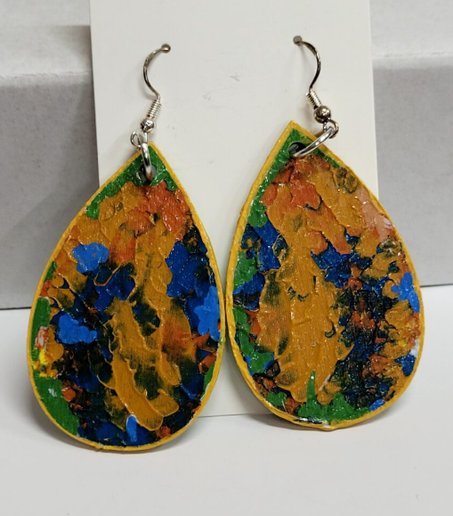 L13. One of a kind hand painted, gloss sealed teardrop earrings on high quality natural wood, with Hypoallergenic 925 Silver Earring Hooks