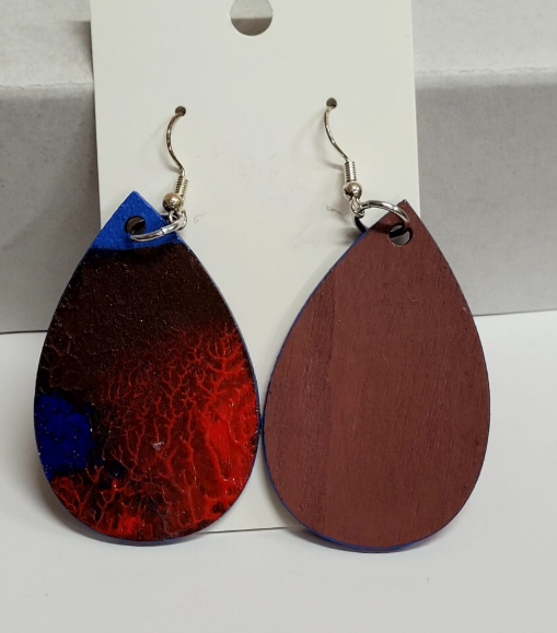 L11. One of a kind hand painted, gloss sealed teardrop earrings on high quality natural wood, with Hypoallergenic 925 Silver Earring Hooks