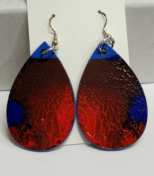 L11. One of a kind hand painted, gloss sealed teardrop earrings on high quality natural wood, with Hypoallergenic 925 Silver Earring Hooks