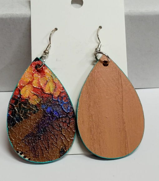 L10. One of a kind hand painted, gloss sealed teardrop earrings on high quality natural wood, with Hypoallergenic 925 Silver Earring Hooks