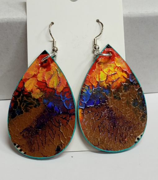 L10. One of a kind hand painted, gloss sealed teardrop earrings on high quality natural wood, with Hypoallergenic 925 Silver Earring Hooks