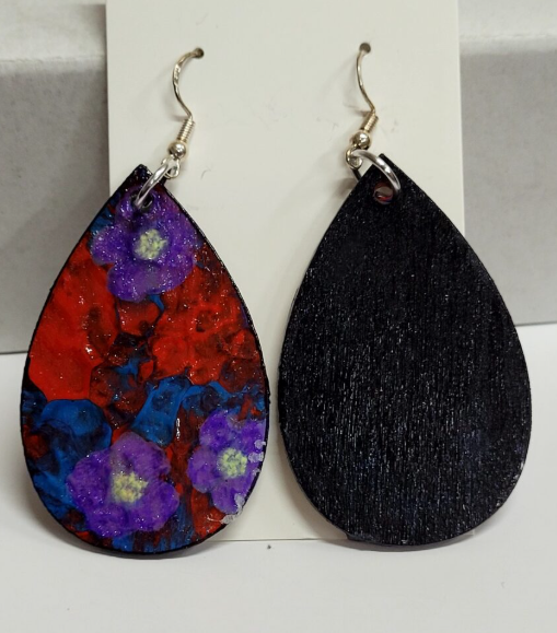 L9. One of a kind hand painted, gloss sealed teardrop earrings on high quality natural wood, with Hypoallergenic 925 Silver Earring Hooks