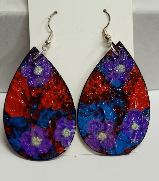 L9. One of a kind hand painted, gloss sealed teardrop earrings on high quality natural wood, with Hypoallergenic 925 Silver Earring Hooks